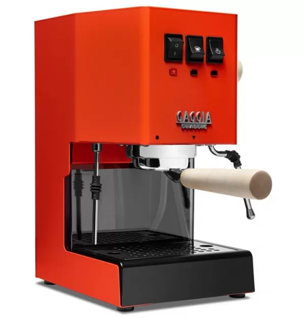 Gaggia Classic Evo Pro Espresso Machine in Lobster Red with Tiger Maple