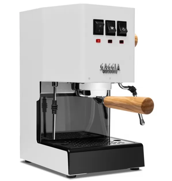 Gaggia Classic Evo Pro Espresso Machine in Polar White with Olive Wood