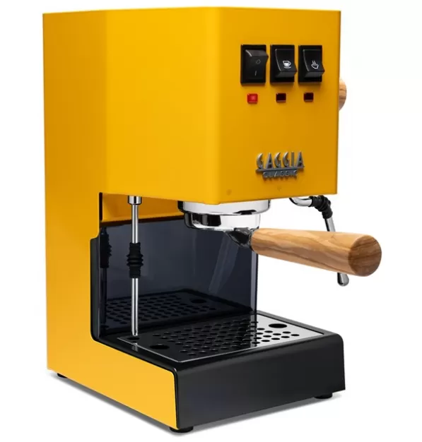 Gaggia Classic Evo Pro Espresso Machine in Sunshine Yellow with Olive Wood