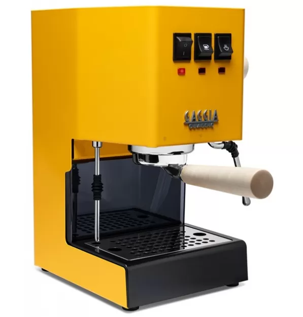 Gaggia Classic Evo Pro Espresso Machine in Sunshine Yellow with Tiger Maple